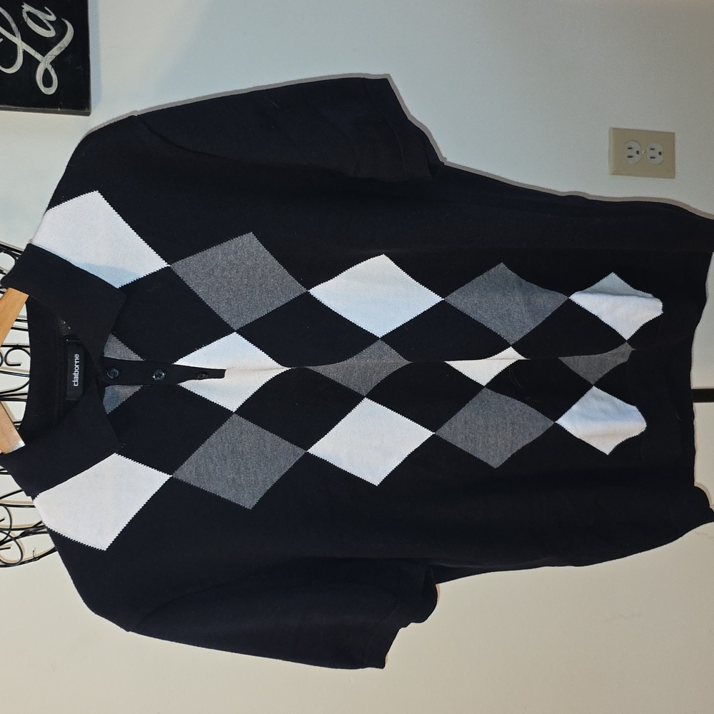 Claiborne Men's Black, Gray & White Size XL Argyle Shirt (David #9)